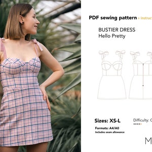 May include: A PDF sewing pattern for a bustier dress called "Hello Pretty". The pattern includes instructions and is available in sizes XS-L. The pattern is printed on A4/A0 paper and includes seam allowance. The difficulty level is "Confident".