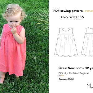 Girl dress pattern, Child dress pattern, Dress pattern girl, Girl dress pattern PDF, Size: New born - 12 years, A4,  Kid dress pattern