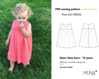 Girl dress pattern, Child dress pattern, Dress pattern girl, Girl dress pattern PDF, Size: New born - 12 years, A4,  Kid dress pattern