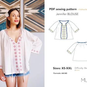 Blouse pattern, Size XS-XXXL, Format A4 - Us Letter - A0, Sewing pattern PDF, Blouse pattern woman, Woman blouse pattern, Woman&#39;s patterns.