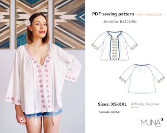 Blouse pattern, Size XS-XXXL, Format A4 - Us Letter - A0, Sewing pattern PDF, Blouse pattern woman, Woman blouse pattern, Woman&#39;s patterns.