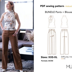 Pants PDF Sewing Pattern, Blouse sewing pattern, sizes XXS - XL, Format A4-Us Letter, Women Blouse pattern, Trousers sewing pattern - Bundle