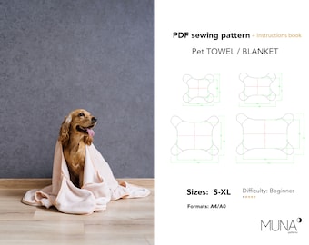 May include: A PDF sewing pattern for a pet towel or blanket, with instructions. The pattern is available in sizes S-XL and comes in A4/A0 formats. The difficulty level is beginner. The image shows a dog wrapped in a pink towel.