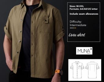 Molde de costura em PDF para camisa masculina LIVIU — Camisa moderna com botões e detalhes de design, tamanhos M a XXL, download instantâneo.
