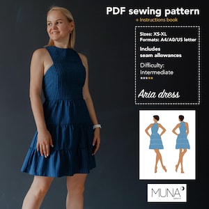 May include: A woman wearing a blue pinstripe dress. The dress has a tiered skirt and a halter neckline. The image also includes text that says "PDF sewing pattern" and "Aria dress". The difficulty level is intermediate.