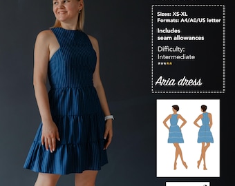 Molde de vestido Aria (XS-XL, A0/A4/Carta EUA) | Molde de costura em PDF para vestido com corpete sem mangas e totalmente forrado | Molde de costura para vestido | Moldes Muna
