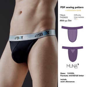 Men underwear thong pattern, Men&#39;s T-Back Thong, Size S - XXXL, Format A4 Us letter, underwear men pattern, Wake up star t-back thong, MUNA