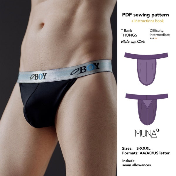 Men underwear thong pattern, Men's T-Back Thong, Size S - XXXL, Format A4 Us letter, underwear men pattern, Wake up star t-back thong, MUNA