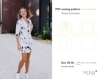 Soulmate dress, Size XS - XL, A0 A4, Sewing pattern PDF, Jacket dress pattern woman, Woman lining dress pattern, Sleeve dress woman