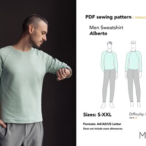 May include: A person wearing a light green sweatshirt with a white trim. The image also includes a PDF sewing pattern for a men's sweatshirt named "Alberto", with sizes S-XXL and intermediate difficulty.