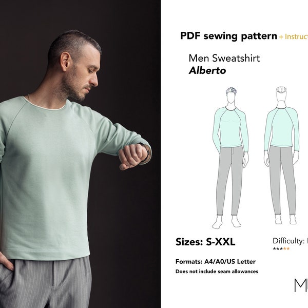 Sweatshirt PDF pattern, Size S-XXL, A0 A4 Us letter, Man sweatshirt pattern, Sweatshirt PDF Sewing Pattern, Men Sweatshirt pdf pattern