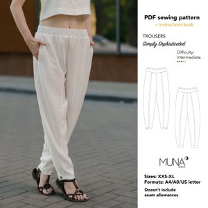 Patron de couture Pantalon PDF, tailles XXS - XL, Formats A4, A0, Lettre US, Patron de pantalon femme, Patron de couture Pantalon décontracté, Patrons Muna
