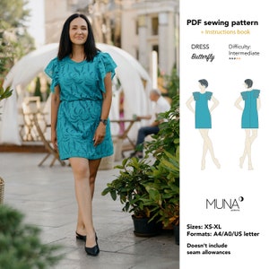May include: A teal dress with flutter sleeves and a cut-out leaf pattern. The image includes text: PDF sewing pattern + Instructions book, DRESS Butterfly, Difficulty: Intermediate, MUNA patterns, Sizes: XS-XL, Formats: A4/A0/US letter.
