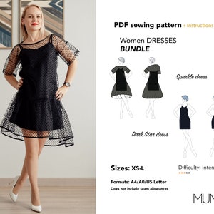 Bundle, Party dress pattern, Size Xs - L, A0, A4, US letter, Sewing pattern PDF, Silk dress pattern woman, Woman dress sewing pattern, Muna