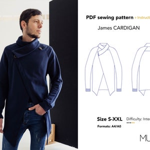 May include: A PDF sewing pattern for a James Cardigan, with instructions. The pattern is for sizes S-XXL and comes in A4/A0 formats. The difficulty level is intermediate.