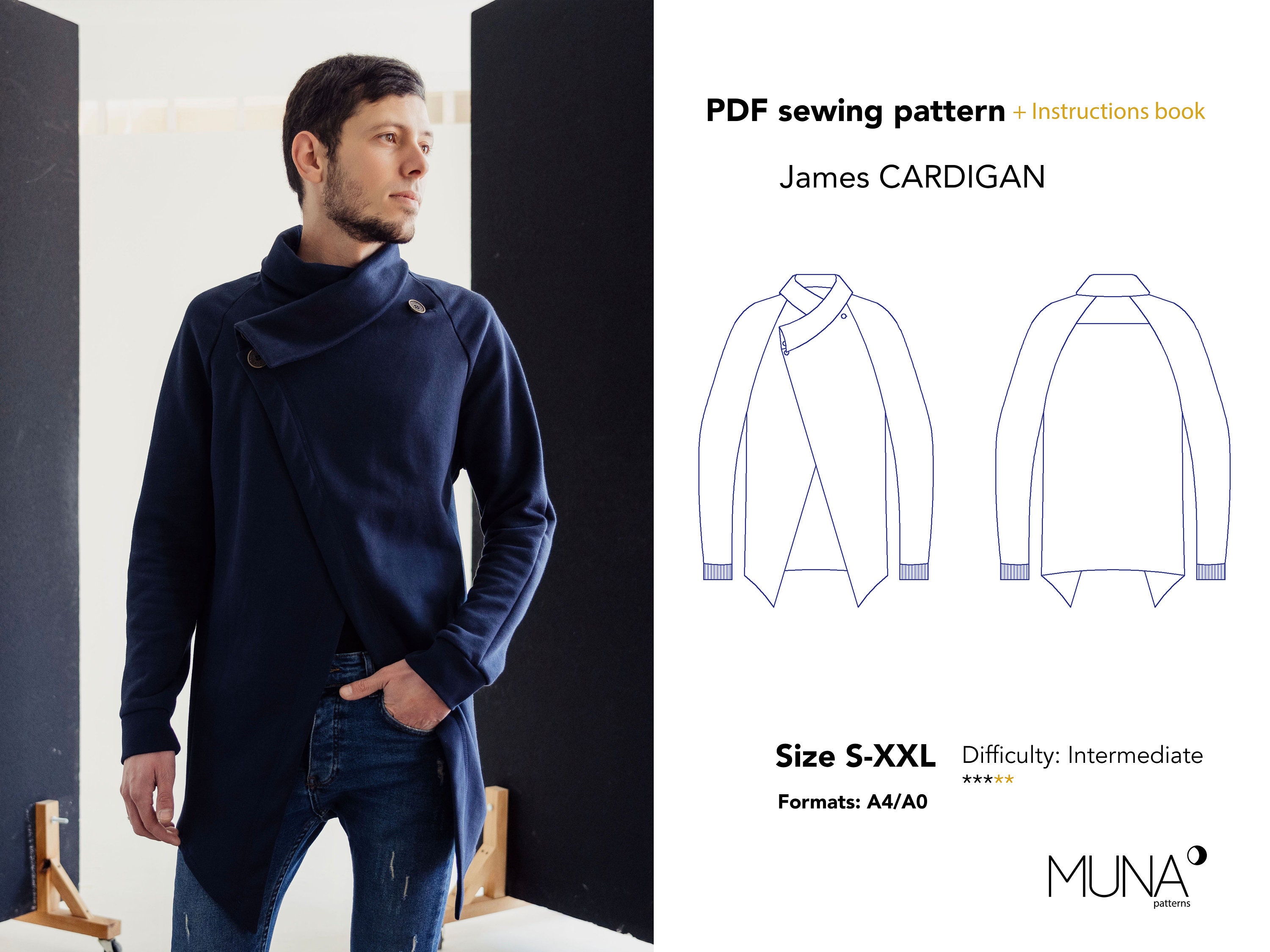 Cardigan PDF pattern, Size S-XXL, A0 A4, Man cardigan pattern, Cardigan PDF Sewing Pattern, Men pattern Pdf, Men Cardigan pdf pattern