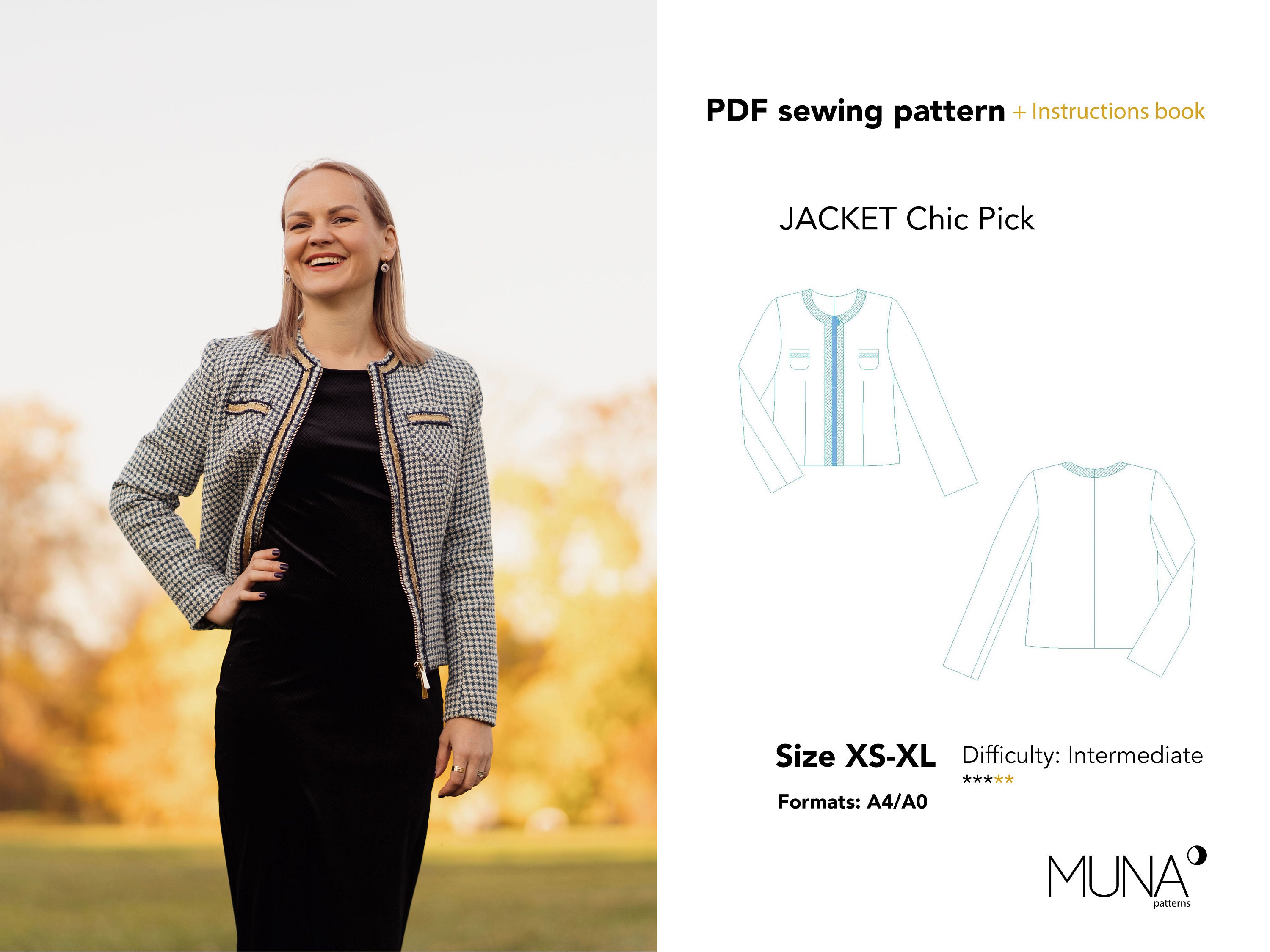 Women short jacket sewing pattern, cropped jacket, chanel