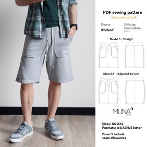 Puede incluir: Un patrón de costura PDF para pantalones cortos con dos estilos diferentes: recto y ajustado al dobladillo. El patrón incluye instrucciones y está disponible en tallas XS-XXL. El patrón es para un proyecto de fin de semana y se considera de dificultad intermedia.