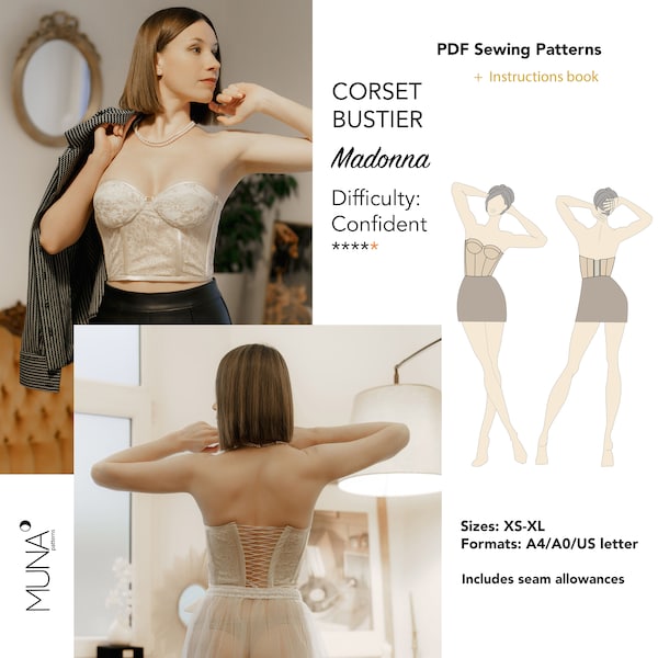 Bustier Corset pdf Sewing pattern, Sizes Xs-Xl, Formats A4/A0/US letter, Bustier pattern, Bustier pattern PDF, Bustier corset pattern, Muna