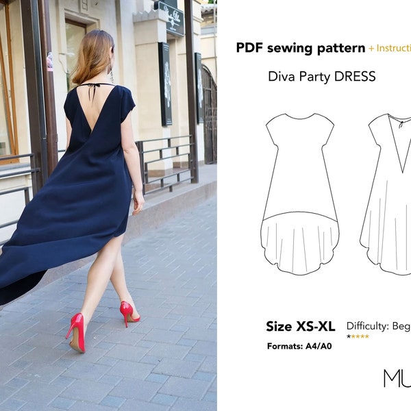 Party dress pattern, Size XS - XL, A4, A0, US letter, Dress pattern woman, Woman dress pattern, Woman's patterns, Party dress pattern