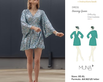 Molde para vestido de festa com lantejoulas, tamanhos do XS ao XL (A0, A4, Carta EUA) (molde em PDF)