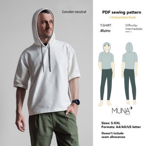 Tshirt Pdf Sewing Pattern, Size S-Xxl, A0 A4 Us letter, Men tshirt pattern, Women tshirt pdf pattern. Mistero unisex t-shirt. Muna Patterns