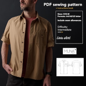 May include: A tan button-down shirt with rolled-up sleeves. The image includes a PDF sewing pattern for the "Liviu shirt" with instructions, sizes XXS-M, and intermediate difficulty. The pattern includes seam allowances and is available in A4/A0/US letter formats.