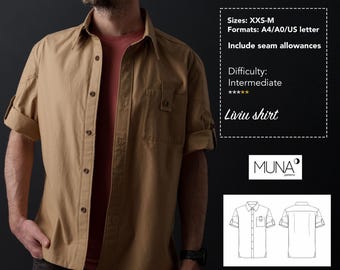 Molde de costura em PDF para camisa masculina LIVIU — Camisa moderna com botões e detalhes de design, tamanhos XXS a M, download instantâneo.