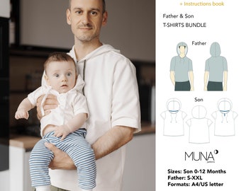 May include: PDF sewing pattern for a father and son t-shirt bundle. The pattern includes instructions and is available in sizes 0-12 months for the son and S-XXL for the father. The pattern is available in A4/US letter format. The pattern does not include seam allowances. Difficulty level: Intermediate.