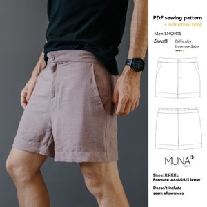 May include: Mauve shorts with a button closure and side pockets. The image includes a PDF sewing pattern with instructions for men's shorts, labeled "Breath" with an intermediate difficulty level. The pattern is available in sizes XS-XXL.