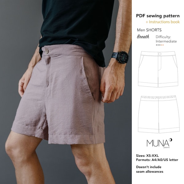 Men shorts Pdf sewing pattern, Size XS - XXL, Format A4 A0 US letter, Shorts men pattern, sewing patterns for men, Muna Patterns.