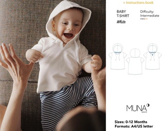 Tshirt Pdf Sewing Pattern, Sizes 0-12 Months, A4 Us letter, baby tshirt pattern, baby t-shirt pdf pattern. Baby White t-shirt. Muna Patterns