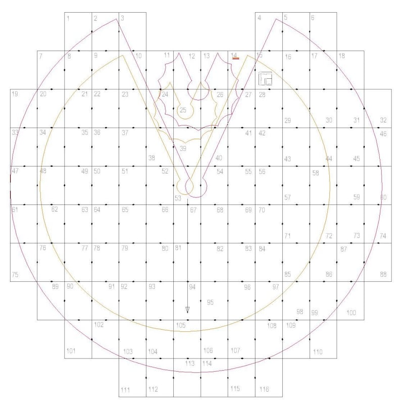 May include: A diagram with a grid of 116 squares, numbered 1 through 116. Two circles are drawn on the grid, one in purple and one in yellow. The circles intersect in the center of the grid.
