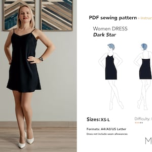May include: A woman wearing a black slip dress with spaghetti straps. The dress is knee-length and slightly flared. The image also includes a PDF sewing pattern for a Women's Dress called "Dark Star", sizes XS-L, with intermediate difficulty.