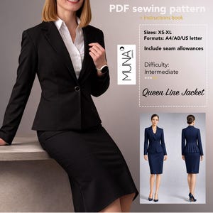 Peut inclure: Un costume Queen Line Jacket noir, comprenant un blazer et une jupe, est présenté. L'image montre également un patron de couture PDF avec des instructions, des tailles XS-XL et une difficulté intermédiaire. Le costume est porté par un mannequin.