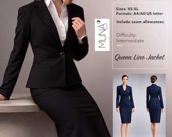 Molde de costura em PDF para jaqueta Queen Line — Blazer com peplum plissado nas costas, tamanhos PP a GG, nível intermediário, download instantâneo