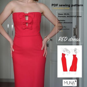 以下が含まれることがあります： バストにリボンがあしらわれた、赤いストラップレスドレス。画像には、XS-XLサイズの説明とPDFの縫製パターンが示されています。「RED dress」の文字が表示されています。