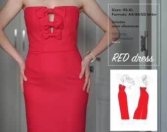 Molde em PDF para vestido de noite sem alças | Detalhe de laço, tamanhos do XS ao XL (A0/A4/Carta)