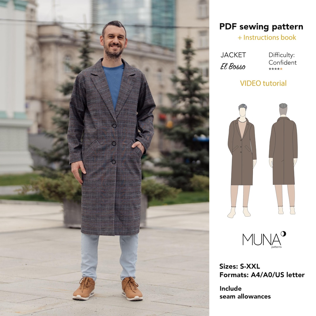 Men Cardigan Pattern, Size S-XXL, A0 A4 US Letter, Men Jacket Pattern ...