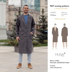 May include: A PDF sewing pattern for a jacket named El Bosso, including an instruction book and video tutorial. The pattern features a long, plaid coat with three buttons, shown in a technical drawing with front and back views. Sizes S-XXL.