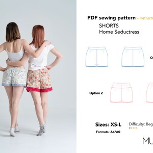 May include: PDF sewing pattern for shorts called "Home Seductress". The pattern includes two options for the shorts, one with a blue trim and one with a pink trim. The pattern is available in sizes XS-L and comes in A4/A0 formats. The difficulty level is beginner.
