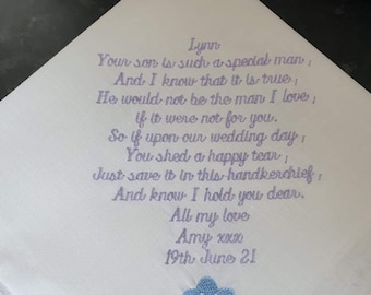 Mother of the Groom Lace Handkerchief (Verse 3), personalised embroidered wedding hankie