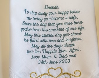Parents to the bride wedding gift,bride from parents,brides' personalised gift,embroidered hankie,luxury personalised handkerchief