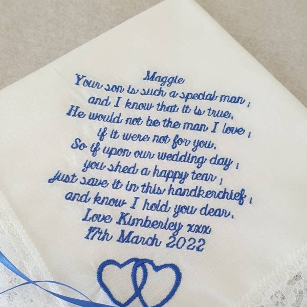 Mother of the Groom Lace Handkerchief (Verse 3), personalised embroidered wedding hankie, wedding gift, Luxury personalised wedding gift