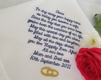 Parents to the bride wedding gift,bride from parents,brides' personalised gift,embroidered hankie,luxury personalised handkerchief