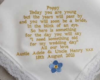 Personalised flower girl, Lace Handkerchief,  embroidered, Verse 1 Something old