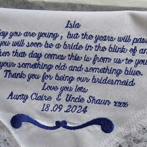 Bridesmaid hanky, Lace handkerchief, personalised hankie, (verse 2) personalised luxury hankie, wedding gift