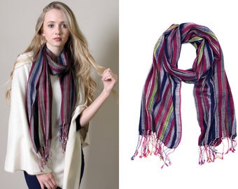 Women’s Jewel Shimmer Multicolor Stripe Scarf, Pashmina Shawl (Red Dazzle)