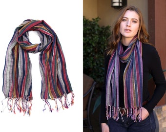 Women’s Jewel Shimmer Multicolor Stripe Scarf, Metallic Pashmina Shawl (Blue Dazzle)