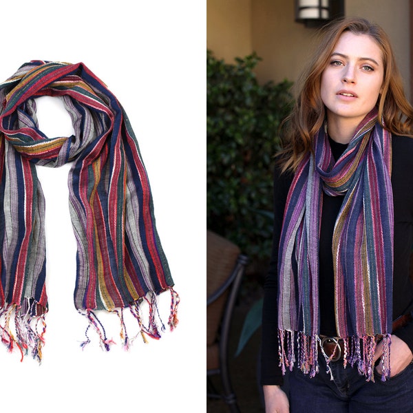 Women’s Jewel Shimmer Multicolor Stripe Scarf, Metallic Pashmina Shawl (Blue Dazzle)